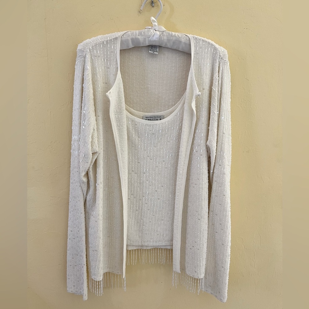 Chetta B Evening Beige Beaded 2 Pieces Tank and Cardigan set XL